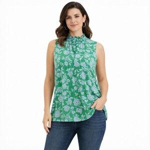 J. Jill Green Floral Smocked Ruffle Neck Sleeveless Knit Top XL Tall XL T Blouse